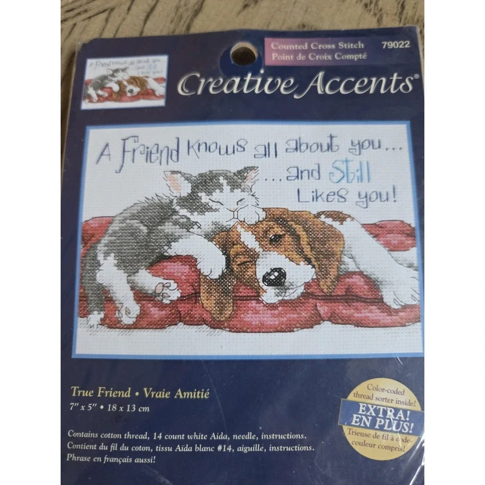 New Creative Accents 14-Count Cross Stitch Kit True Friend #79022 Vtg Dog Cat